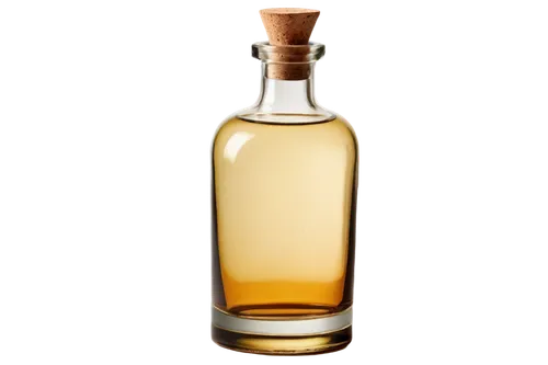 Glass bottle, transparent, rounded body, narrow neck, cork stopper, vintage style, dusty surface, soft focus, ambient light, 3/4 composition, warm color tone, shallow depth of field, reflective surfac