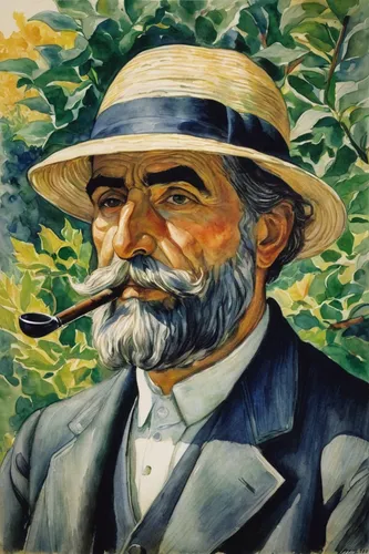 Man with a Pipe, by Boccioni Umberto, 1916, 20th Century, watercolor. Italy, Lombardy, Milan, Private collection. Whole artwork. Man face old beard hat pipe background bushes: shrubs. : Stock Photo,pi