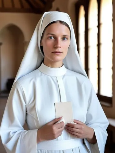 Hildegard with the breast bandage, the day before her ordination as a nun in the idyllic monastery of Bingen, prepares for the next step on her spiritual path with a thoughtful expression on her face.