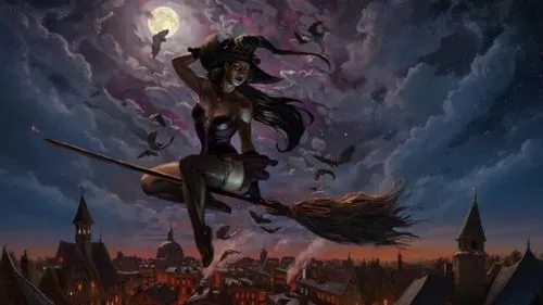 a woman on a broom is flying through the air,parashuram,escaflowne,elric,cirith,dragonlance,dethklok