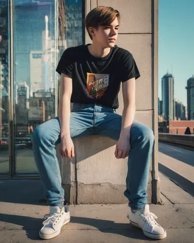 Young adult, 20-25 years old, male/female, short hair, minimal makeup, casual wear, jeans, white/black shirt, sneakers, standing/sitting, Toronto cityscape, modern architecture building, glass/metal f