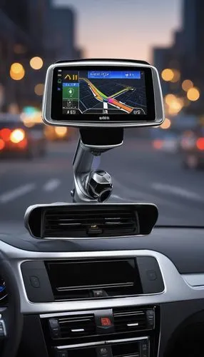 GPS navigation system, modern sleek design, silver metallic body, black screen, buttons with white backlight, antenna on top, mounted on car dashboard, 3/4 view, shallow depth of field, softbox lighti