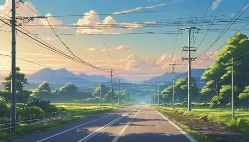 There is a painting of a road with wires and poles, anime countryside landscape, Anime background art, Anime landscape, Highly detailed illustration.”, anime style cityscape, Makoto Shinkai's style, a