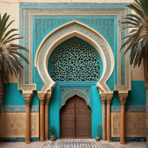 Oran Moorish architecture, intricate stone carvings, grand arches, Islamic geometric patterns, ornate tile work, vibrant turquoise domes, minarets, Arabic calligraphy, cream-colored walls, majestic en