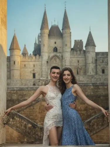 dancers in a palace,two girls are posing together in front of an old castle,pre-wedding photo shoot,beautiful couple,royal castle of amboise,french tourists,wedding photo,ballgowns,Photography,Documen