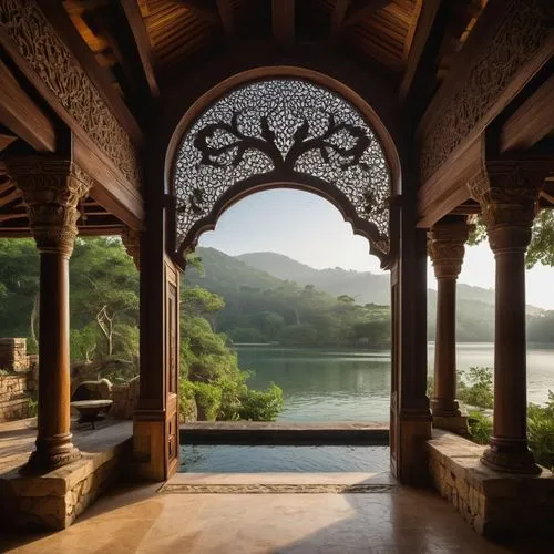 Waterhouse, luxurious villa, wooden architecture, intricate carvings, grand entrance, large windows, rustic doors, stone walls, serene surroundings, peaceful lake, lush greenery, overhanging trees, mi