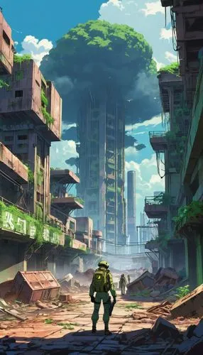 gunkanjima,hawken,postapocalyptic,post-apocalyptic landscape,cybertown,wasteland,Illustration,Japanese style,Japanese Style 03