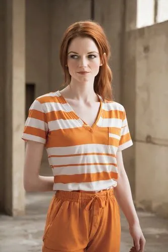 orange,bright orange,orange color,orange half,cotton top,horizontal stripes,liberty cotton,murcott orange,maci,in a shirt,clary,redheaded,nora,striped background,redhead doll,orange cream,ginger rodgers,television character,orange robes,half orange,Photography,Natural