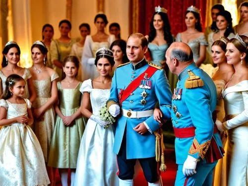 The picture shows the heir to the throne being presented with the most beautiful marriageable daughters of the land, as it is time for him to choose one as his queen.,brazilian monarchy,monarchial,mon