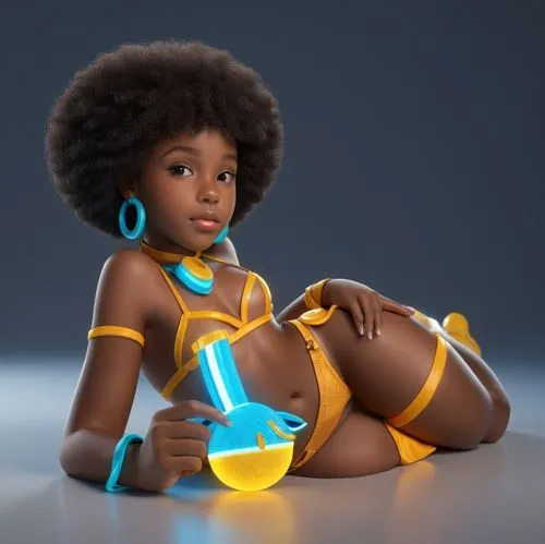 a black girl, afro girl, photorealistic art, a black girl, girl lying down, calm girl, photorealistic art.,a black woman in a yellow bikini and earrings,lumidee,afrofuturism,neon body painting,tron,ko