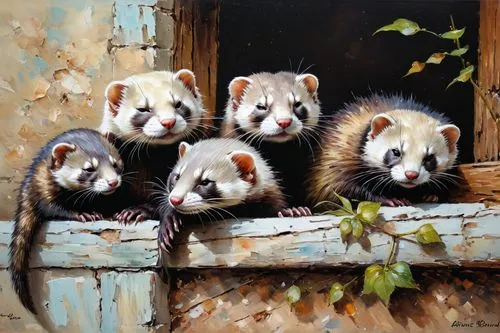 ferret family sleeping,ferret family sleeping,possums,opossums,mustelids,ferrets,polecats,civets,Conceptual Art,Oil color,Oil Color 06