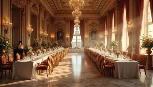 dining room,wedding hall,ornate room,royal interior,ballroom,exclusive banquet,ritzau,breakfast room,europe palace,long table,banquets,grandeur,place cards,event venue,place setting,champagne reception,centrepieces,orangerie,reception,ballrooms,Photography,General,Realistic