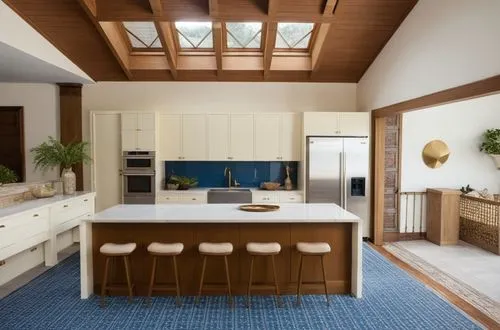 Kitchen, White roof.
Marble sill. 4 barstools, 4 pendant lump above the sill.,a large kitchen with wood flooring and white cabinets,kitchen design,modern kitchen interior,kitchen interior,modern kitch