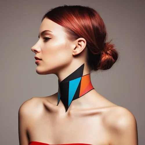 asymmetric cut,razor ribbon,artificial hair integrations,wearables,collar,geometric style,bluetooth headset,feather jewelry,futuristic,body painting,body jewelry,accessory,bodypaint,bodypainting,harnessed,women's accessories,side face,female model,curved ribbon,head woman,Art,Artistic Painting,Artistic Painting 34