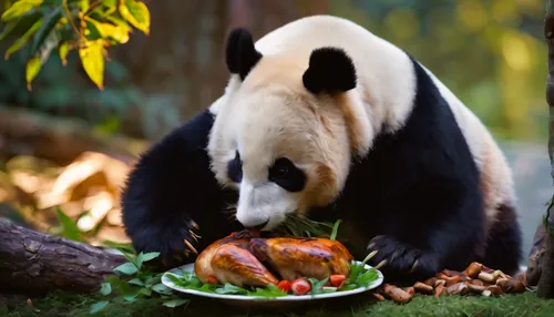 The giant panda, with its round body and distinct black and white fur, sits there adorably, nibbling attentively on a piece of fragrant roast chicken. Its claws deftly fiddle with the meat, and it mak