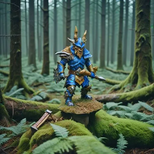 a goatman in blue armor wielding an two-handed axe in the woods ,a statue is shown in the woods with moss,khaine,svarog,garen,gradimir,eldar,garrison,azeroth,githyanki,jebtsundamba,woad,warcraft,warma