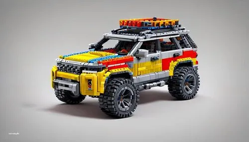 A colorful toy brick representation of a modern, rugged SUV with pronounced wheel arches, large off-road tires, and a roof rack. The design elements should be carefully assembled using different shape