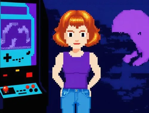 Redhead woman, bob cut hait, purple sleeveless t-shirt, blue jeans, fantasy background,scummvm,pixel art,splatterhouse,pitfall,earthbound,pixels,ansi,amiga,retro girl,scanline,epyx,replicants,game art