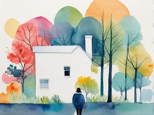 watercolor, acrylic and pen on watercolor paper (300g ...,watercolor background,watercolor,watercolor painting,lonely house,watercolor paint,home landscape,watercolors,girl with tree,watercolor blue,h