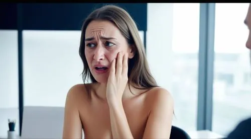 woman in office not wearing any clothes. She is crying whilst talking to manager,an adult woman covering her face in front of a man,scared woman,depressed woman,the girl's face,bruxism,anorexia,stress