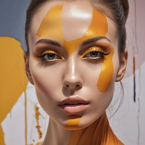 yellow orange,gold paint strokes,gold paint stroke,orange yellow,retouching,yellow skin,golden mask,airbrushed,retouch,orange color,woman face,golden yellow,contour,golden color,gold mask,painted lady,beauty face skin,yellow-gold,blending,woman's face