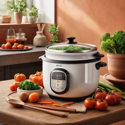 white stainless steel digital rice cooker with crate of veggies on a table, in the style of terracotta, double tone effect, song dynasty, minimalist lines, konica auto s3, caffenol developing, melting