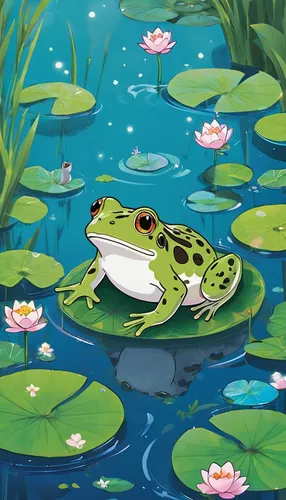 frog background,pond frog,water frog,kawaii frogs,kawaii frog,frog through,jazz frog garden ornament,lily pad,frog prince,green frog,frog king,bottomless frog,southern leopard frog,frog gathering,pond lily,common frog,frog,bull frog,amphibian,lilly pond,Illustration,Japanese style,Japanese Style 04