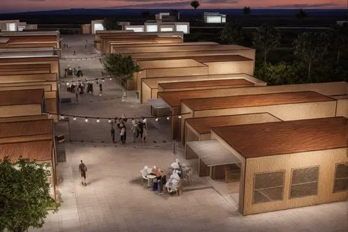 a modern market at night time, light hanging in the middle of shops , desert ground, add  sidewalk, street furniture, goods, all building one story,caravanserai,new housing development,human settlemen