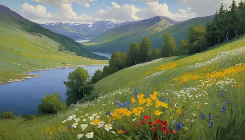 mountain meadow,alpine meadow,meadow landscape,salt meadow landscape,meadow in pastel,summer meadow,spring meadow,the valley of flowers,meadow,flowering meadow,flower meadow,meadows,wildflowers,green meadow,alpine meadows,lupines,alpine flowers,small meadow,meadow flowers,field of flowers,Art,Classical Oil Painting,Classical Oil Painting 12