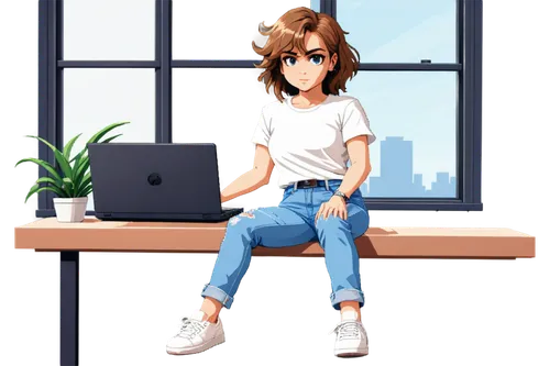 girl sitting,girl studying,isolated t-shirt,sitting,window sill,digital painting,yui hirasawa k-on,city ​​portrait,mihoshi,windowsill,girl at the computer,krita,jeans background,toshiyori,chihiro,portrait background,suzumiya,mirai,sittin,study,Unique,Pixel,Pixel 01