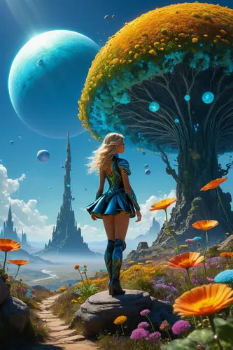 ral-trichom,In a dazzling sci-fi fantasy world, under the radiant midday sun, a cute girl stands on a planet rich with bioluminescent spores and enchanting, colorful flowers. She is garbed in a fusion