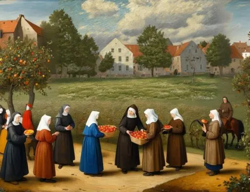 (view from above, like in the paintings of Pieter Bruegel, small figures of Catholic nuns in Breton bonnets and light brown robes, dark brown dresses, nuns pick apples from trees, impasto painting: 1.