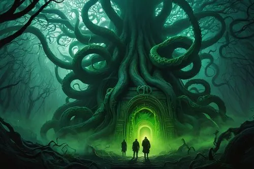 celtic tree,creepy tree,haunted forest,patrol,green tree,tree of life,the roots of trees,magic tree,druid grove,strange tree,rooted,tree and roots,portal,holy forest,forest tree,defense,roots,elven forest,the forest,old-growth forest,Illustration,American Style,American Style 01