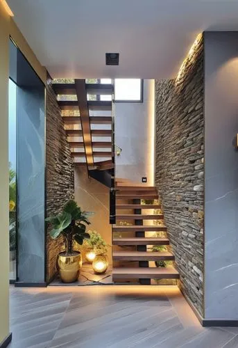 
Casa lujosa estilo lujo moderno, hermosa escalera estilo lujo moderno con excelente iluminación espejos y pared rústica de piedra natural detalles dorados, muchas plantas de interior y flores rosas a