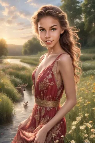 Sensual, alegre, bonita, hermosa.A young woman with long, curly brown hair runs through a field of wildflowers, her long hair shimmering in the sunlight. She wears a sparkling red dress and a floral d