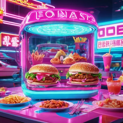 Film a Reel featuring delicious street food, and show off your culinary skills. #gastronomical #food,retro diner,fast food restaurant,drive in restaurant,diner,neon drinks,neon cocktails,neon candies,