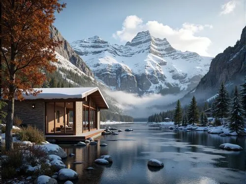 winter lake,the cabin in the mountains,winter landscape,christmas landscape,winter background,snowy landscape,snow landscape,winter house,landscape background,fantasy landscape,beautiful landscape,alpine lake,house in mountains,mountain hut,house in the mountains,nature wallpaper,mountain huts,fantasy picture,landscapes beautiful,world digital painting