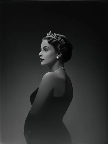 Portrait of a queen, technically optimal high-resolution contemporary black and white photographic art.,a woman wearing a tiara and a dress in black and white,guarnaschelli,netrebko,kalthoum,kulthum,j