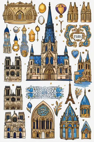 paris clip art,houses clipart,fairy tale icons,notre-dame,notre dame,byzantine architecture,delft,notredame de paris,gothic architecture,church towers,fleur-de-lis,saint michel,churches,icon set,crown icons,medieval architecture,set of icons,tiles shapes,ornaments,russian folk style,Unique,Design,Sticker