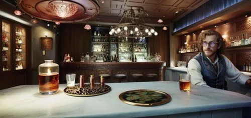 Speakeasy bar,a man is sitting at a bar with beer and glasses,barman,bartender,barkeeper,liquor bar,barkeep,bar counter,apothecary,barmaid,baijiu,izakaya,speakeasy,barmen,bartending,tea ceremony,teaho