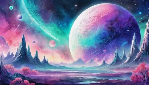 fairy galaxy,fantasy landscape,alien planet,unicorn background,alien world,space art,cosmos field,galaxy,fantasy picture,fantasy art,lunar landscape,cosmos,universe,moons,fairy world,scene cosmic,celestial bodies,dream world,planets,futuristic landscape,Conceptual Art,Sci-Fi,Sci-Fi 04