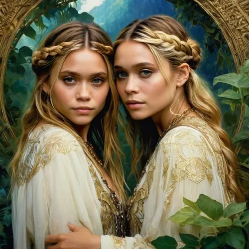 twin flowers,fairies,fantasy portrait,boho art,angels,mirror image,faery,gemini,elves,jessamine,sisters,valerian,two girls,elven,druids,vintage fairies,lionesses,twins,fantasy art,faerie,Conceptual Art,Fantasy,Fantasy 05