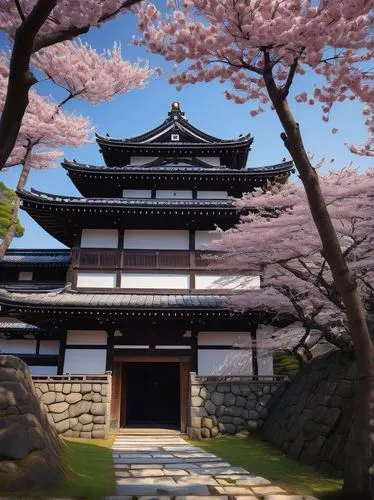 japanese sakura background,sakura background,kyoto,sakura tree,hanami,sakura blossom,sakura trees,chuseok,asian architecture,gudeok,dojo,the cherry blossoms,sakura blossoms,bakufu,hanhwa,sakura,japanese shrine,honmaru,ryokans,hakama,Illustration,Realistic Fantasy,Realistic Fantasy 28