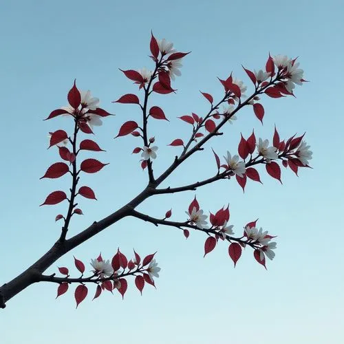 The image portrays a tree branch with clusters of reddish leaves and white flowers set against a calm, blue sky. The branches stretch outwards with a mixture of jagged-edged leaves and delicate blosso