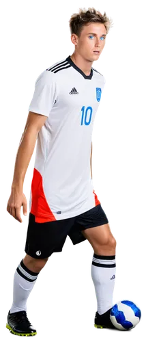 Male soccer player, athletic build, short messy hair, sweat dripping from forehead, intense expression, bright blue eyes, muscular legs, white soccer jersey with number 10, black shorts, shin guards, 