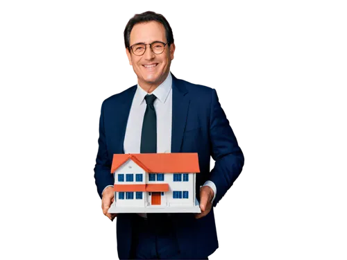 Businessman, realtor, middle-aged, suited, white shirt, black tie, brown hair, glasses, friendly smile, holding house model, standing, confident posture, urban background, softbox lighting, high contr