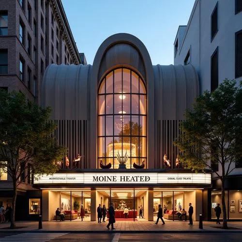 Curved theater facade, streamline moderne architecture, metallic materials, polished chrome accents, geometric patterns, abstract sculptures, urban cityscape, evening ambient lighting, warm golden glo