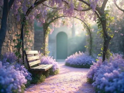 wisteria,pathway,forest path,fairy door,fairy forest,fairytale forest,walkway,fantasy landscape,garden bench,purple landscape,tunnel of plants,fantasy picture,the mystical path,lilac arbor,wooden path,wonderland,springtime background,fairyland,spring background,enchanted forest,Photography,General,Realistic