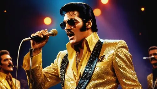 elvis impersonator,freddie mercury,elvis,elvis presley,the king of pop,golden record,prince,keith-albee theatre,gold glitter,70's icon,johnnycake,gold spangle,bandleader,mercury,stud yellow,yellow jacket,yellow jumpsuit,pompadour,george,rhinestone,Art,Classical Oil Painting,Classical Oil Painting 27