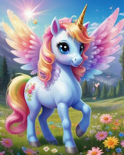 My Little Pony OC, cute, colorful, magical, unicorn, sparkling horn, flowing mane, bright blue eyes, blush, gentle smile, delicate wings, pastel rainbow colored tail, wearing a tiny crown, holding a h